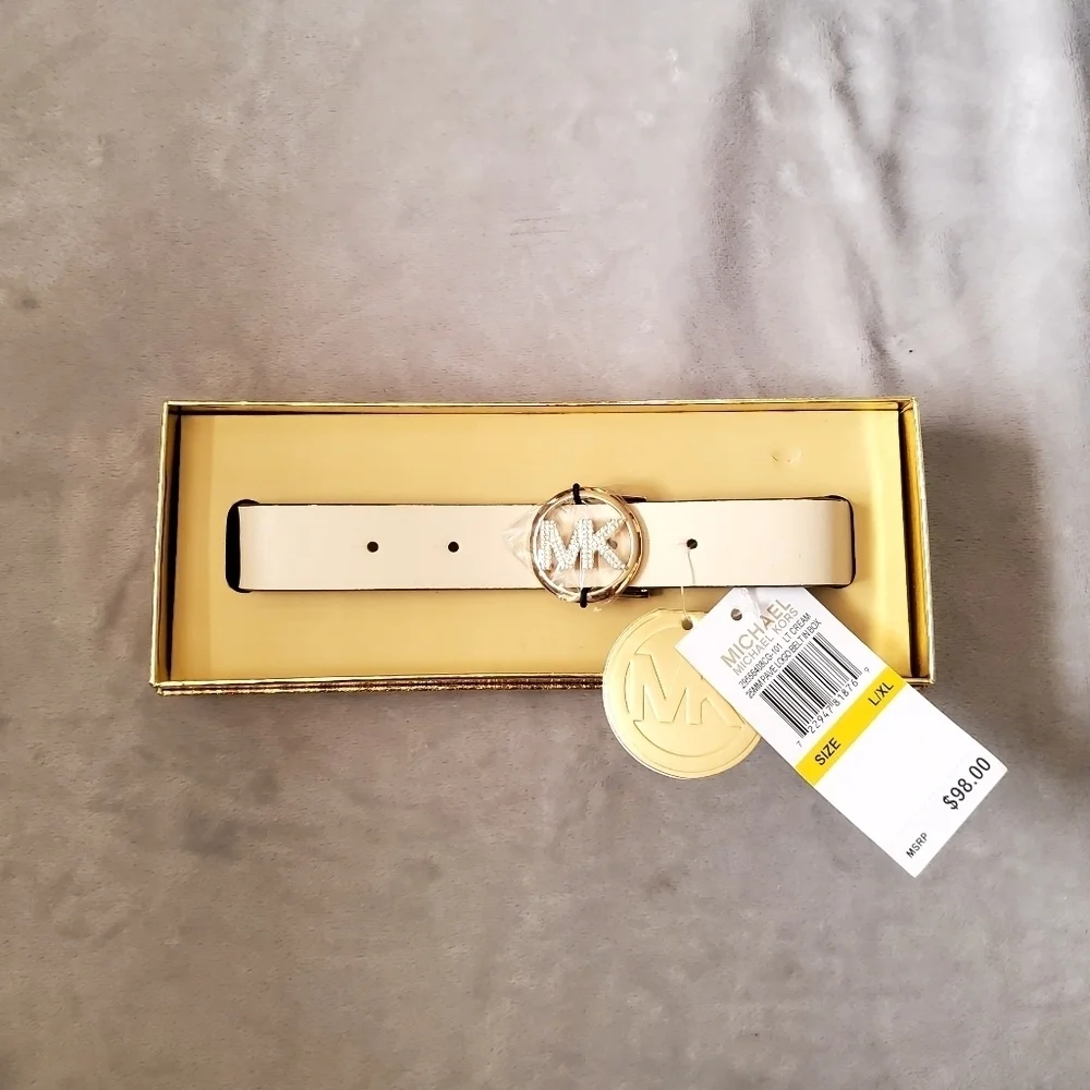 Michael Kors White Leather Belt Gold Hardwear Gift Box Size L/XL NWT